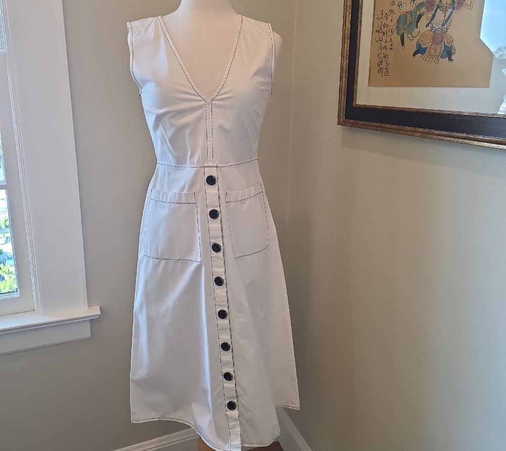 Joie Cream V-Neck Button-Front Midi Dress with Patch Pockets